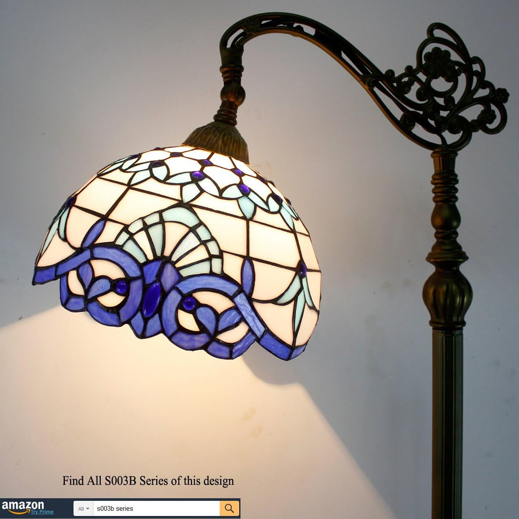 Werfactory Tiffany Floor Lamp Navy Blue White Stained Glass Arched Lamp 12X18X64 Inches Gooseneck Adjustable Corner Standing