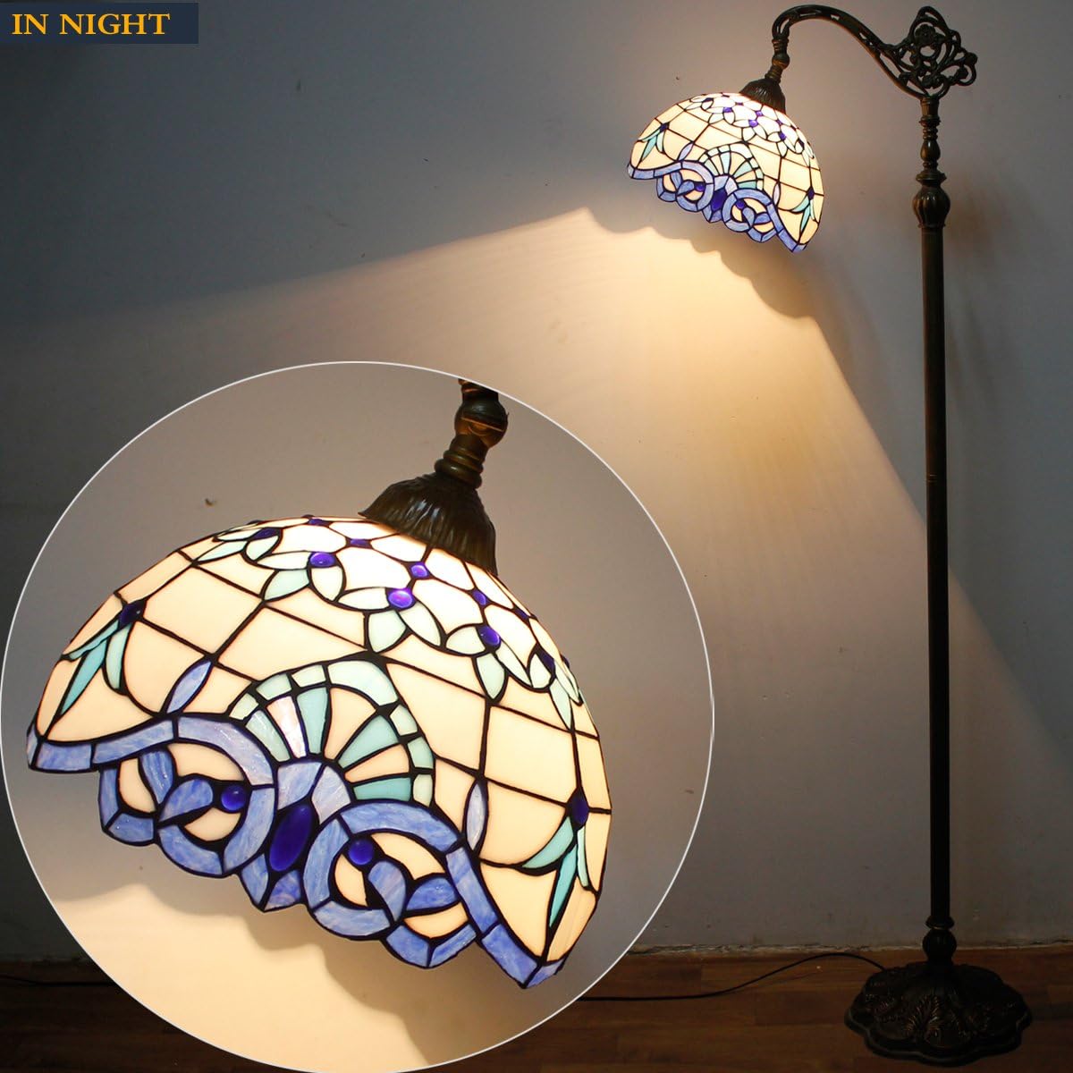 Werfactory Tiffany Floor Lamp Navy Blue White Stained Glass Arched Lamp 12X18X64 Inches Gooseneck Adjustable Corner Standing