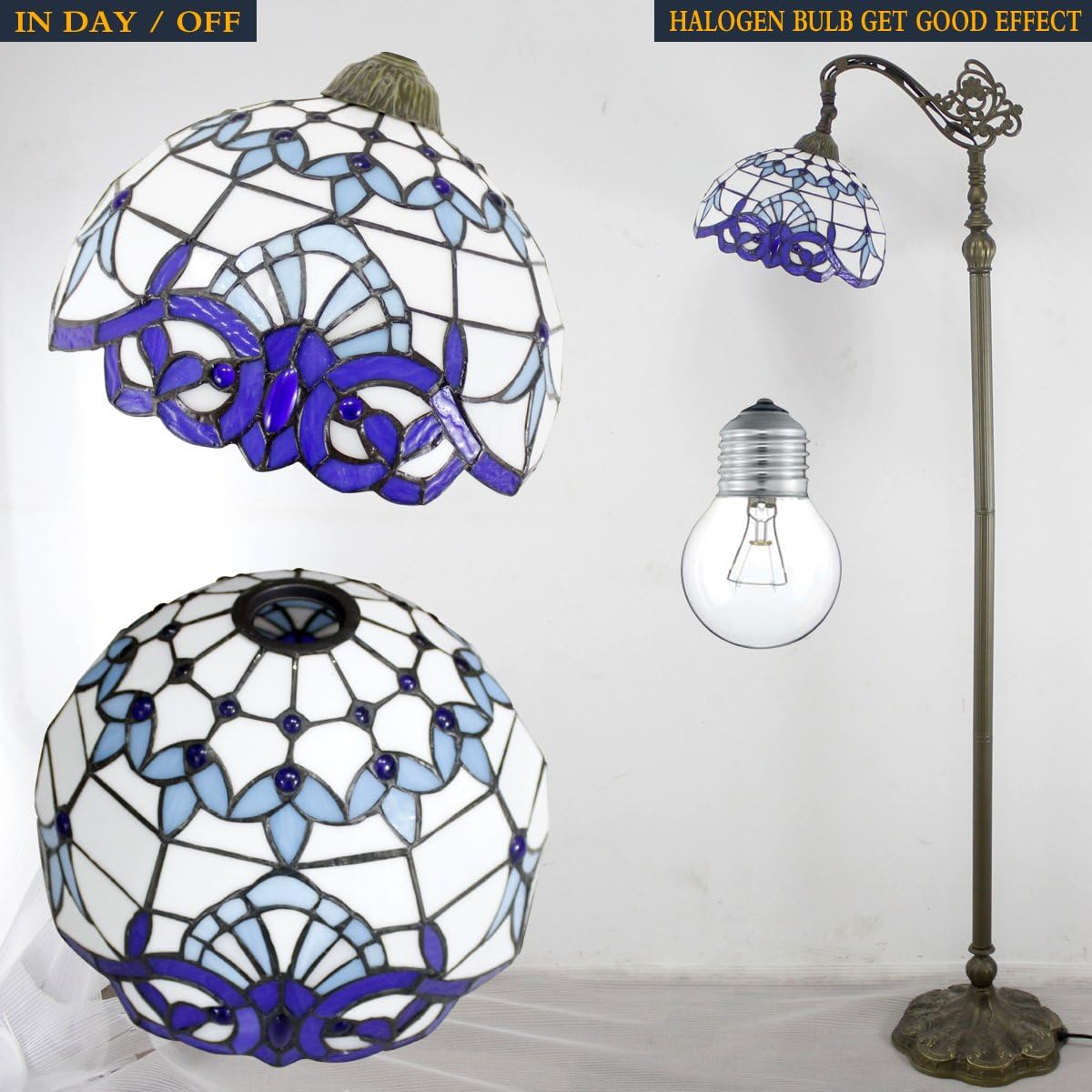 Werfactory Tiffany Floor Lamp Navy Blue White Stained Glass Arched Lamp 12X18X64 Inches Gooseneck Adjustable Corner Standing