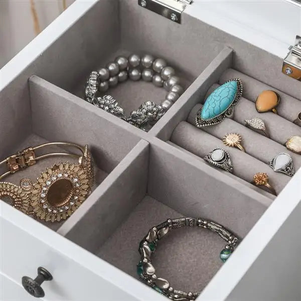 Standing Jewelry Armoire with Mirror, 5 Drawers & 8 Necklace Hooks, Jewelry Cabinet Chest with Top Storage Organizer