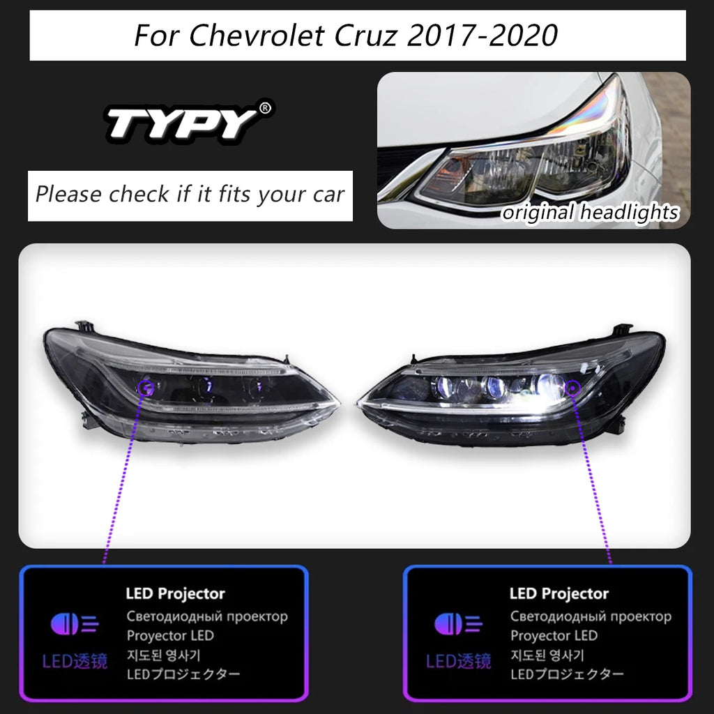 TYPY Car Lights For Chevrolet Cruz 2017-2020 Headlight LED Projetor head Lamp Daytime Running Light Automotive Accessories