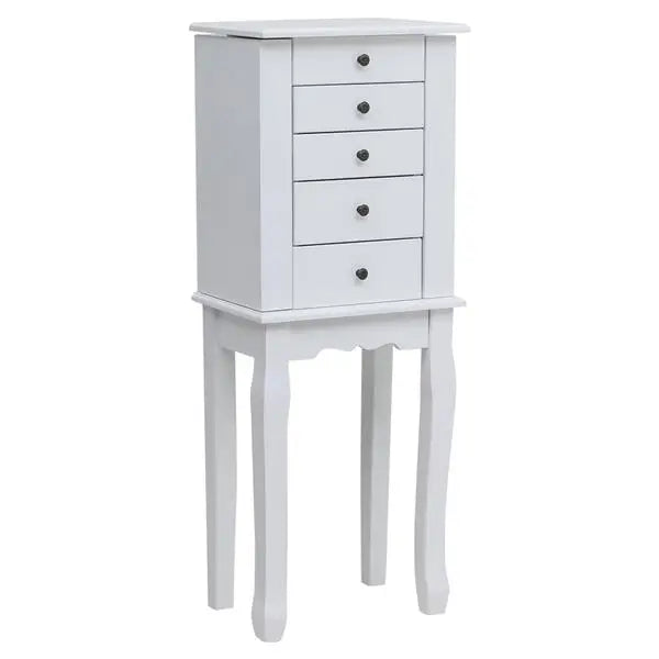 Standing Jewelry Armoire with Mirror, 5 Drawers & 8 Necklace Hooks, Jewelry Cabinet Chest with Top Storage Organizer