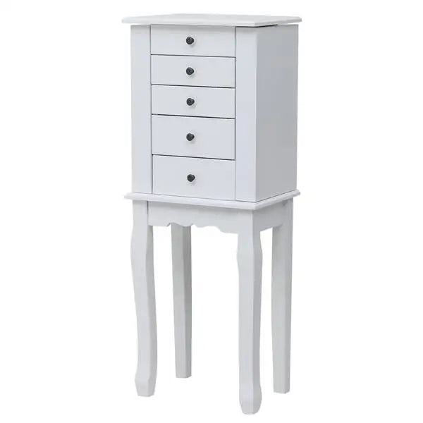 Standing Jewelry Armoire with Mirror, 5 Drawers & 8 Necklace Hooks, Jewelry Cabinet Chest with Top Storage Organizer