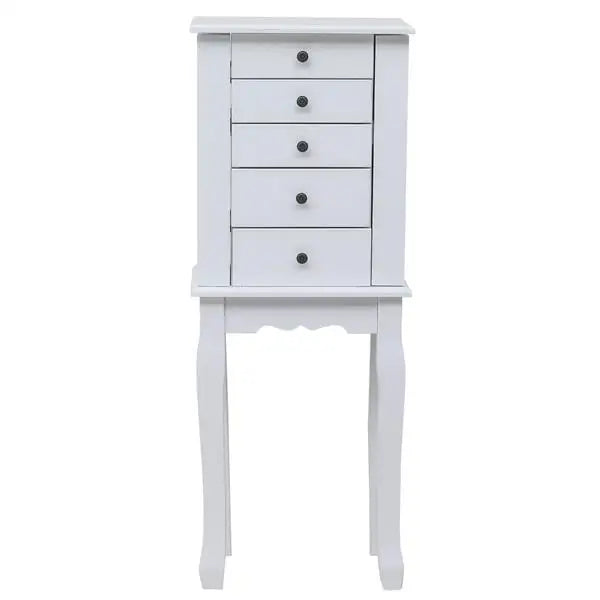 Standing Jewelry Armoire with Mirror, 5 Drawers & 8 Necklace Hooks, Jewelry Cabinet Chest with Top Storage Organizer