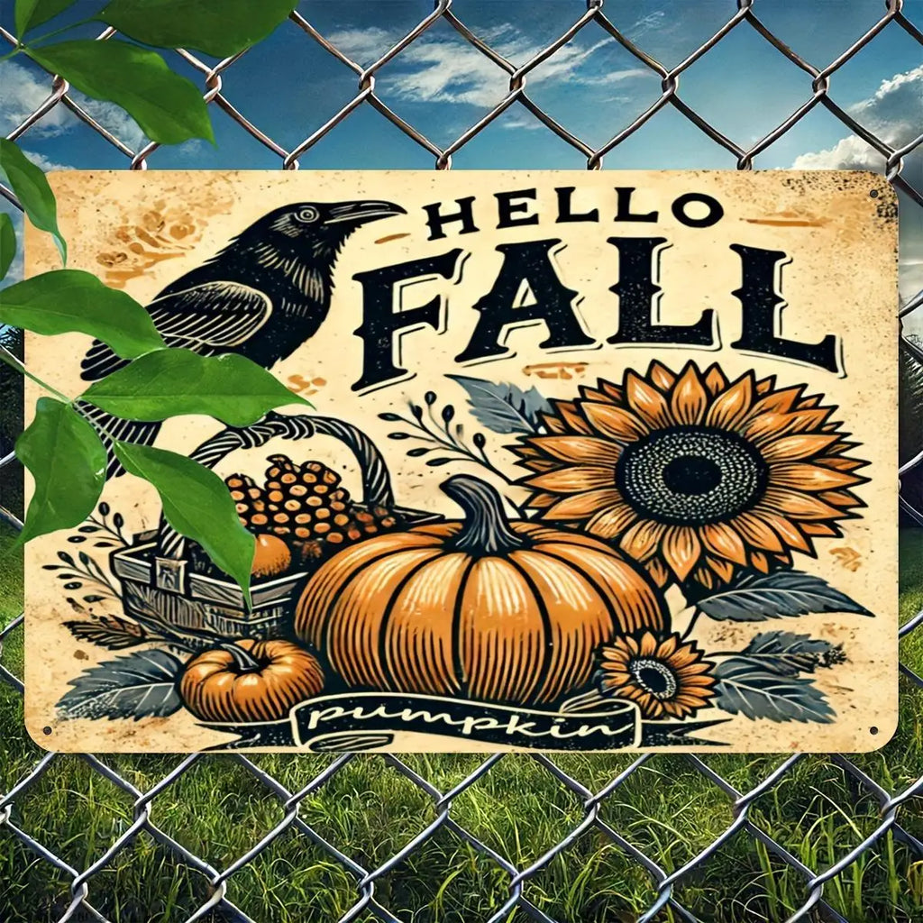 Autumn Harvest Iron Sign Wall Decor 8x12 Inches with Pumpkin Sunflower and Crow Motif Suitable for Home Cafe Garage Bar Patio