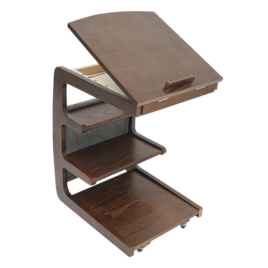 C-Shaped End Table with Wheels Wooden Couch Table Sofa Side Cabinet for Living Room Bedroom