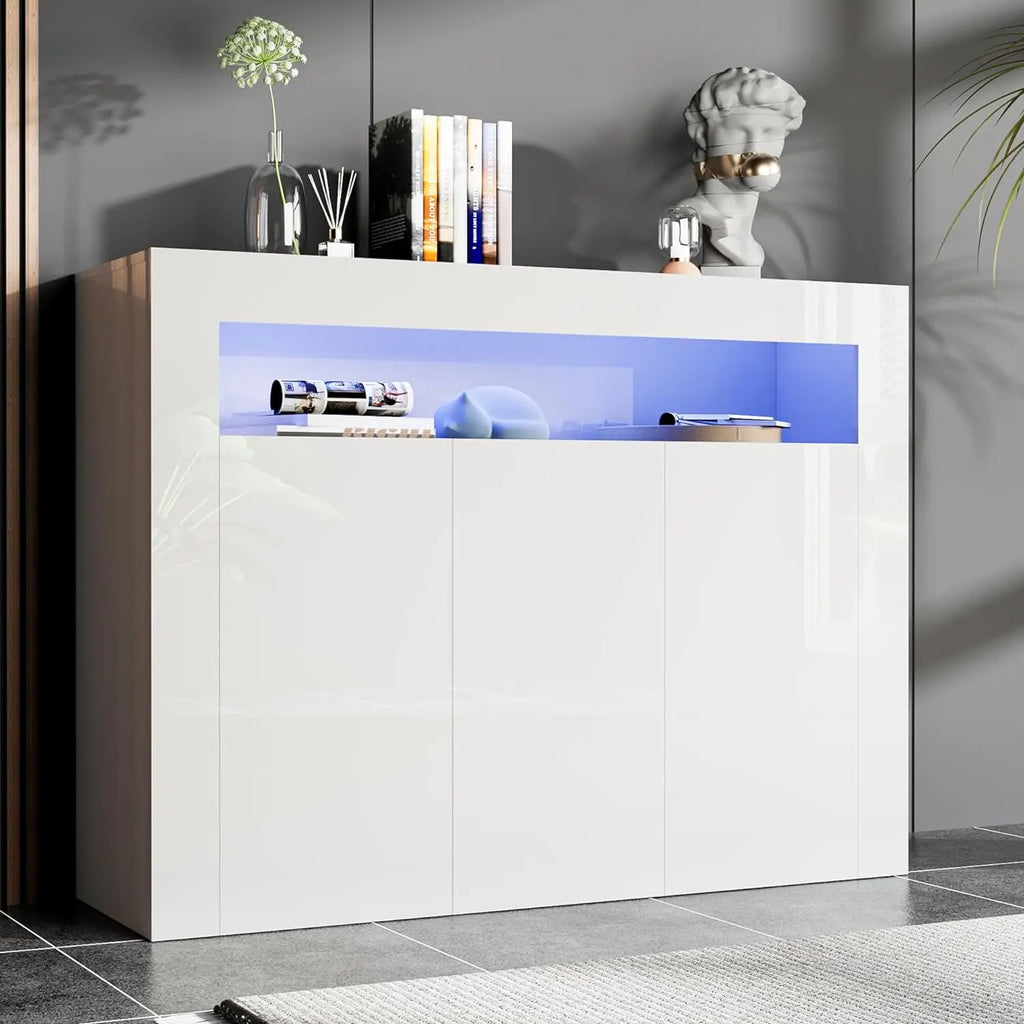 Modern White Buffet Cabinet with LED Lights, High Glossy Sideboard Storage Cabinet with 3 Doors and Adjustable Shelf