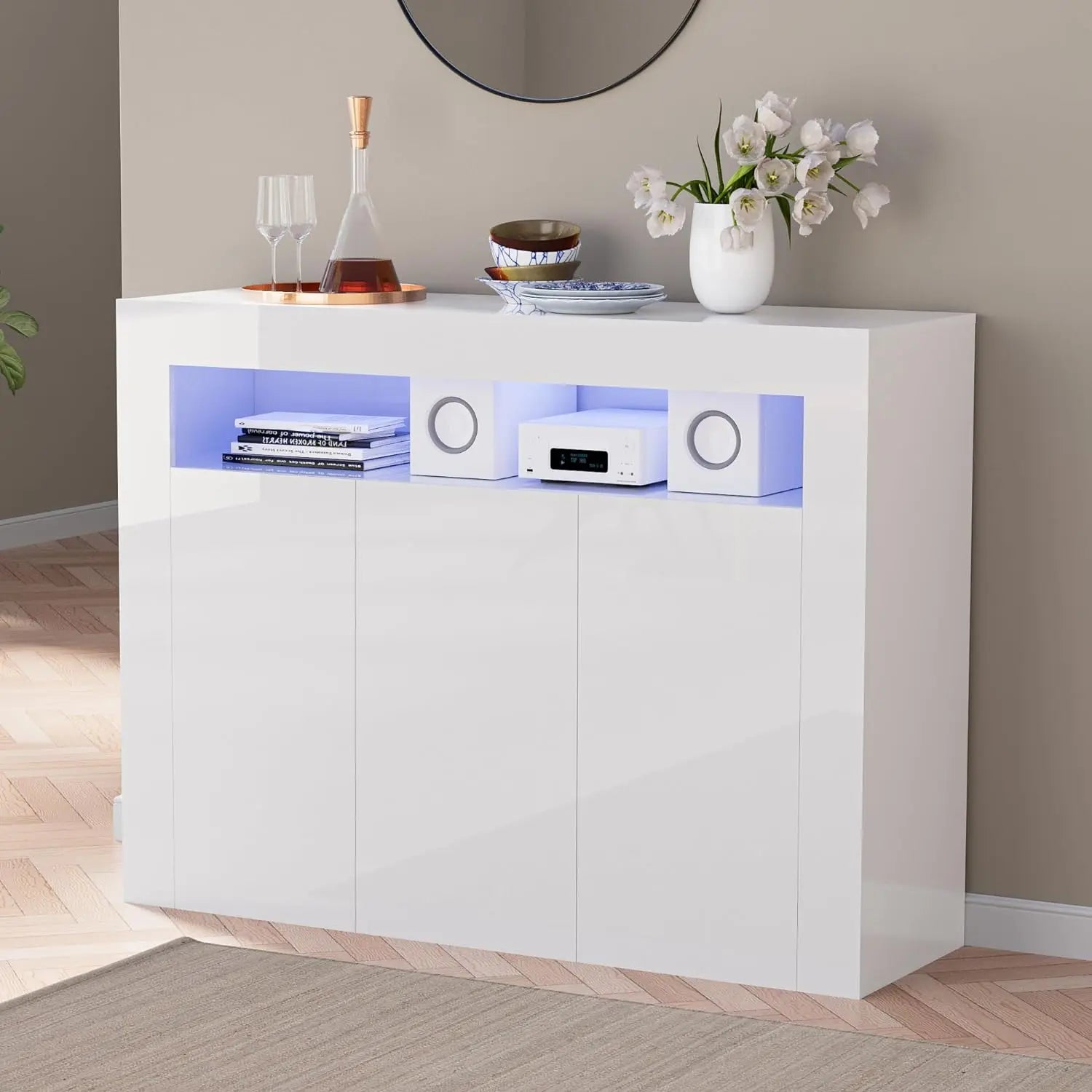 Modern White Buffet Cabinet with LED Lights, High Glossy Sideboard Storage Cabinet with 3 Doors and Adjustable Shelf