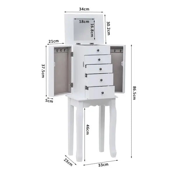 Standing Jewelry Armoire with Mirror, 5 Drawers & 8 Necklace Hooks, Jewelry Cabinet Chest with Top Storage Organizer