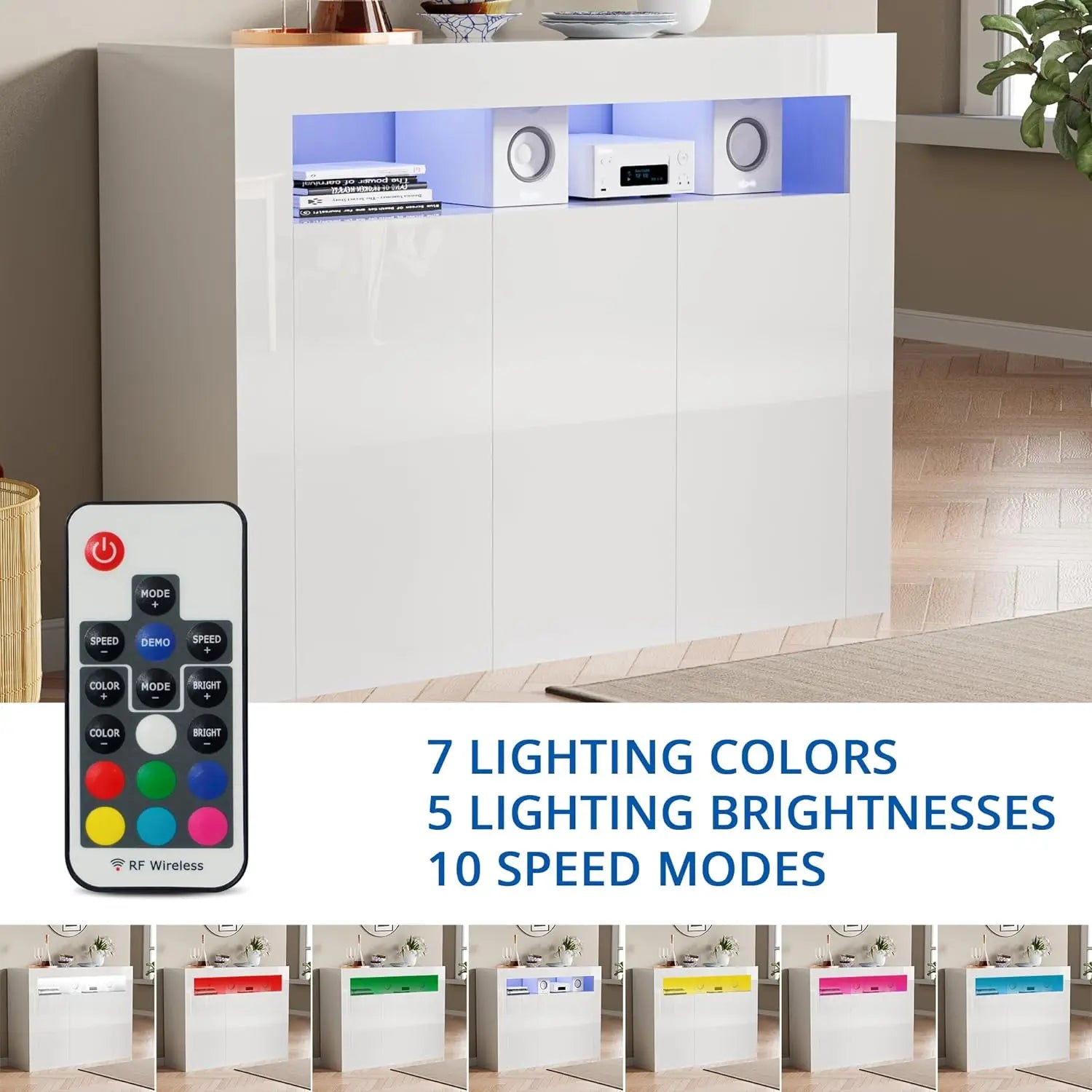 Modern White Buffet Cabinet with LED Lights, High Glossy Sideboard Storage Cabinet with 3 Doors and Adjustable Shelf