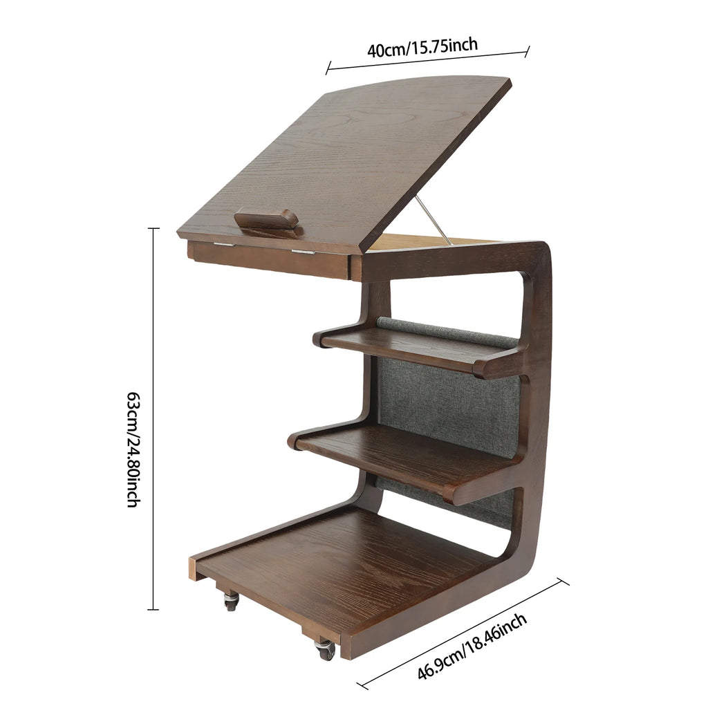 C-Shaped End Table with Wheels Wooden Couch Table Sofa Side Cabinet for Living Room Bedroom