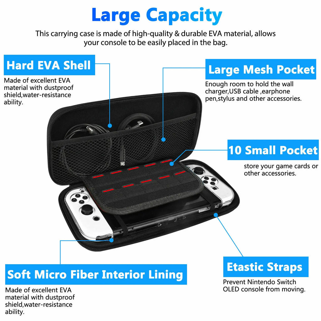 Black Hard Shell Carrying Case Bag and Shell Cover and Tempered Glass Protector For Nintendo Switch OLED Game Accessory