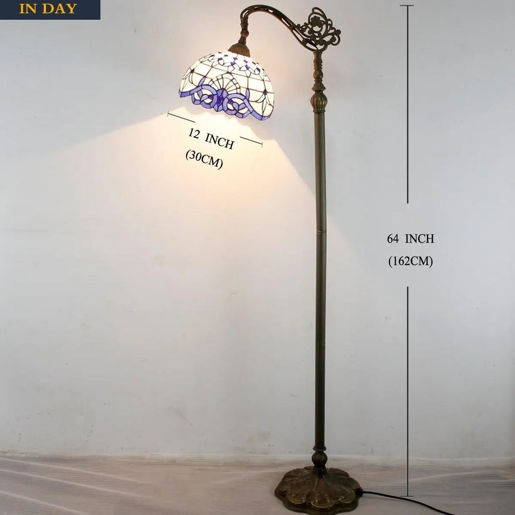 Werfactory Tiffany Floor Lamp Navy Blue White Stained Glass Arched Lamp 12X18X64 Inches Gooseneck Adjustable Corner Standing