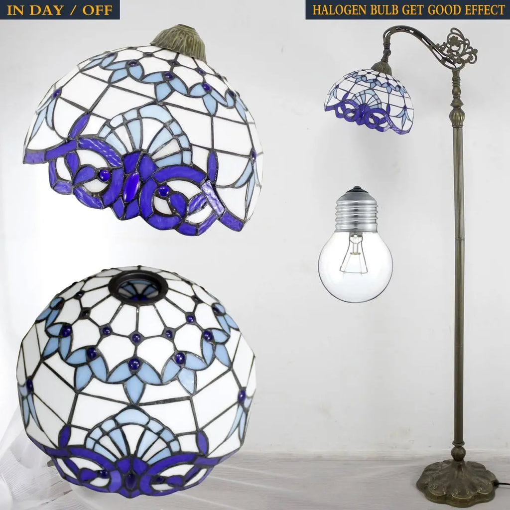 Werfactory Tiffany Floor Lamp Navy Blue White Stained Glass Arched Lamp 12X18X64 Inches Gooseneck Adjustable Corner Standing