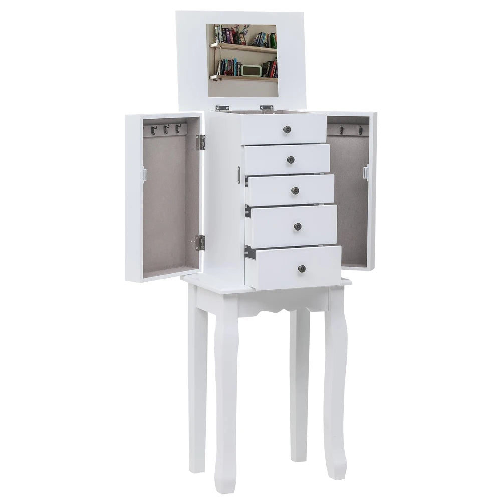 Standing Jewelry Armoire with Mirror, 5 Drawers & 8 Necklace Hooks, Jewelry Cabinet Chest with Top Storage Organizer