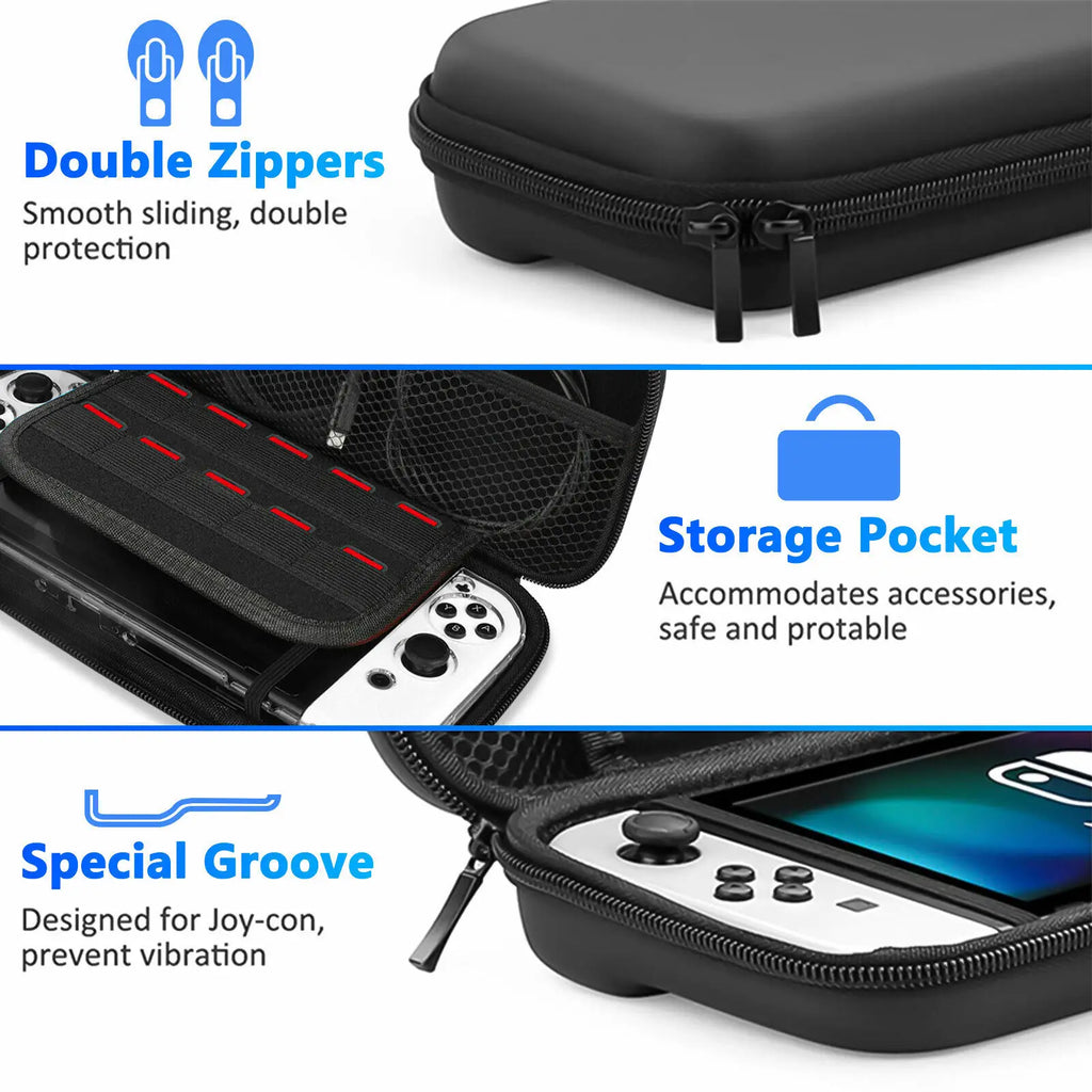 Black Hard Shell Carrying Case Bag and Shell Cover and Tempered Glass Protector For Nintendo Switch OLED Game Accessory