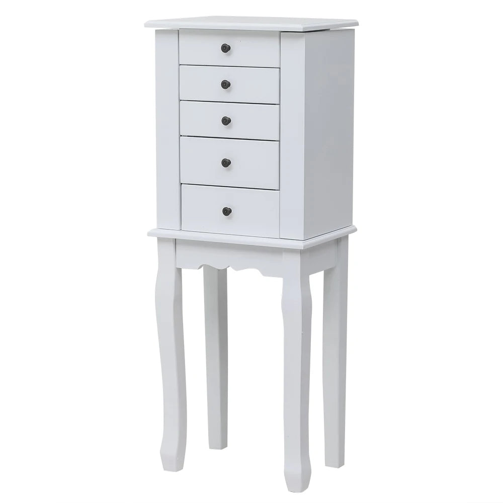 Standing Jewelry Armoire with Mirror, 5 Drawers & 8 Necklace Hooks, Jewelry Cabinet Chest with Top Storage Organizer