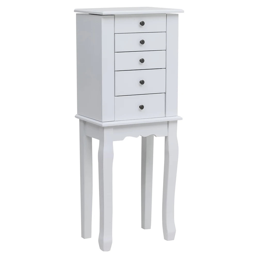 Standing Jewelry Armoire with Mirror, 5 Drawers & 8 Necklace Hooks, Jewelry Cabinet Chest with Top Storage Organizer