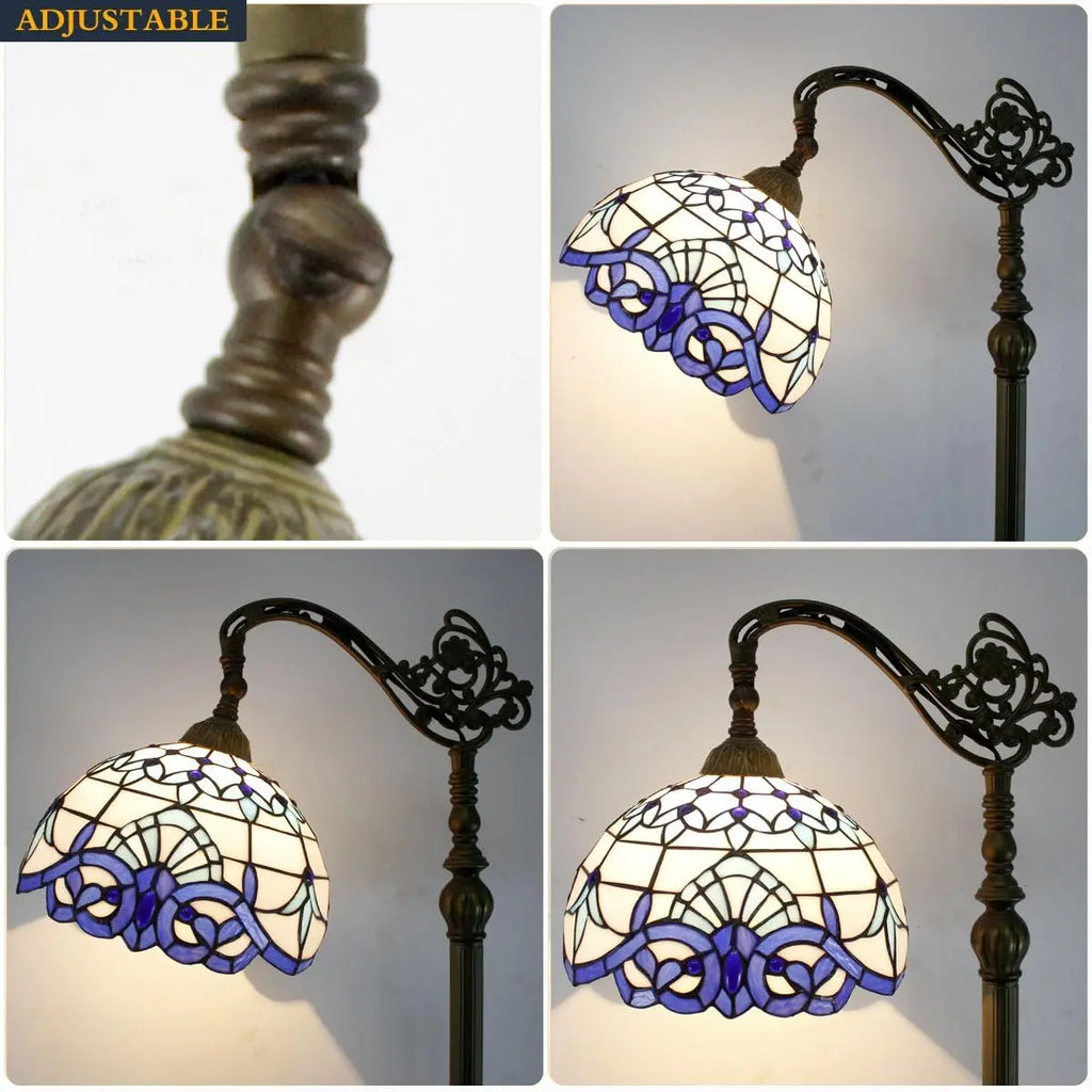 Werfactory Tiffany Floor Lamp Navy Blue White Stained Glass Arched Lamp 12X18X64 Inches Gooseneck Adjustable Corner Standing