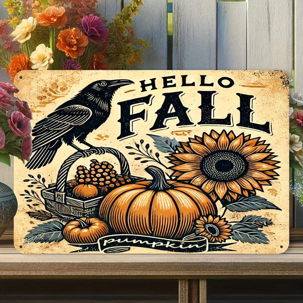 Autumn Harvest Iron Sign Wall Decor 8x12 Inches with Pumpkin Sunflower and Crow Motif Suitable for Home Cafe Garage Bar Patio