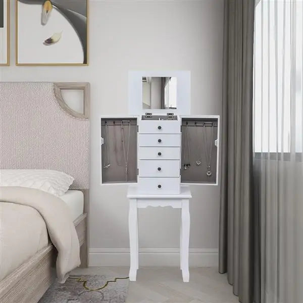 Standing Jewelry Armoire with Mirror, 5 Drawers & 8 Necklace Hooks, Jewelry Cabinet Chest with Top Storage Organizer