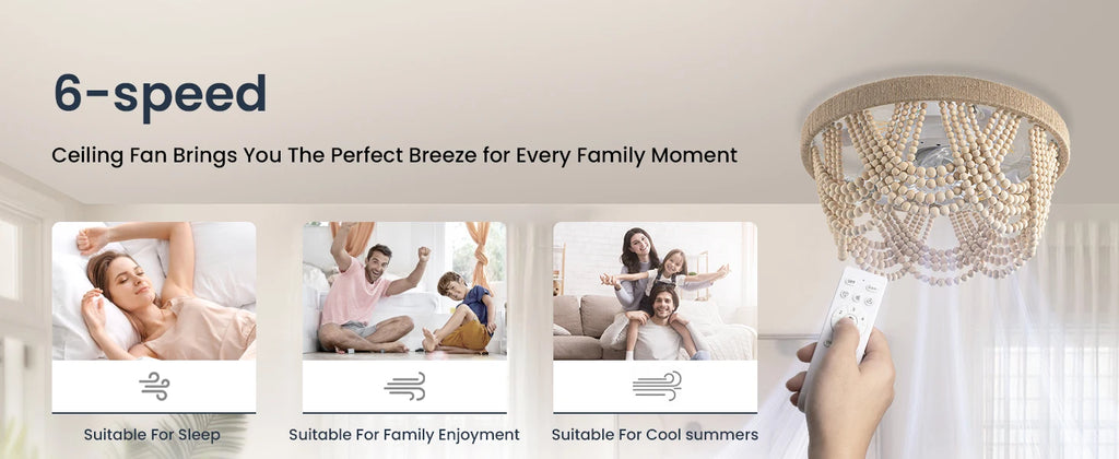 20" Boho Ceiling Fan with Light & Remote, 6-Speed/3 CCT/Bladeless/Quiet DC Motor/Low Profile, for Bedroom Living Room Hallway