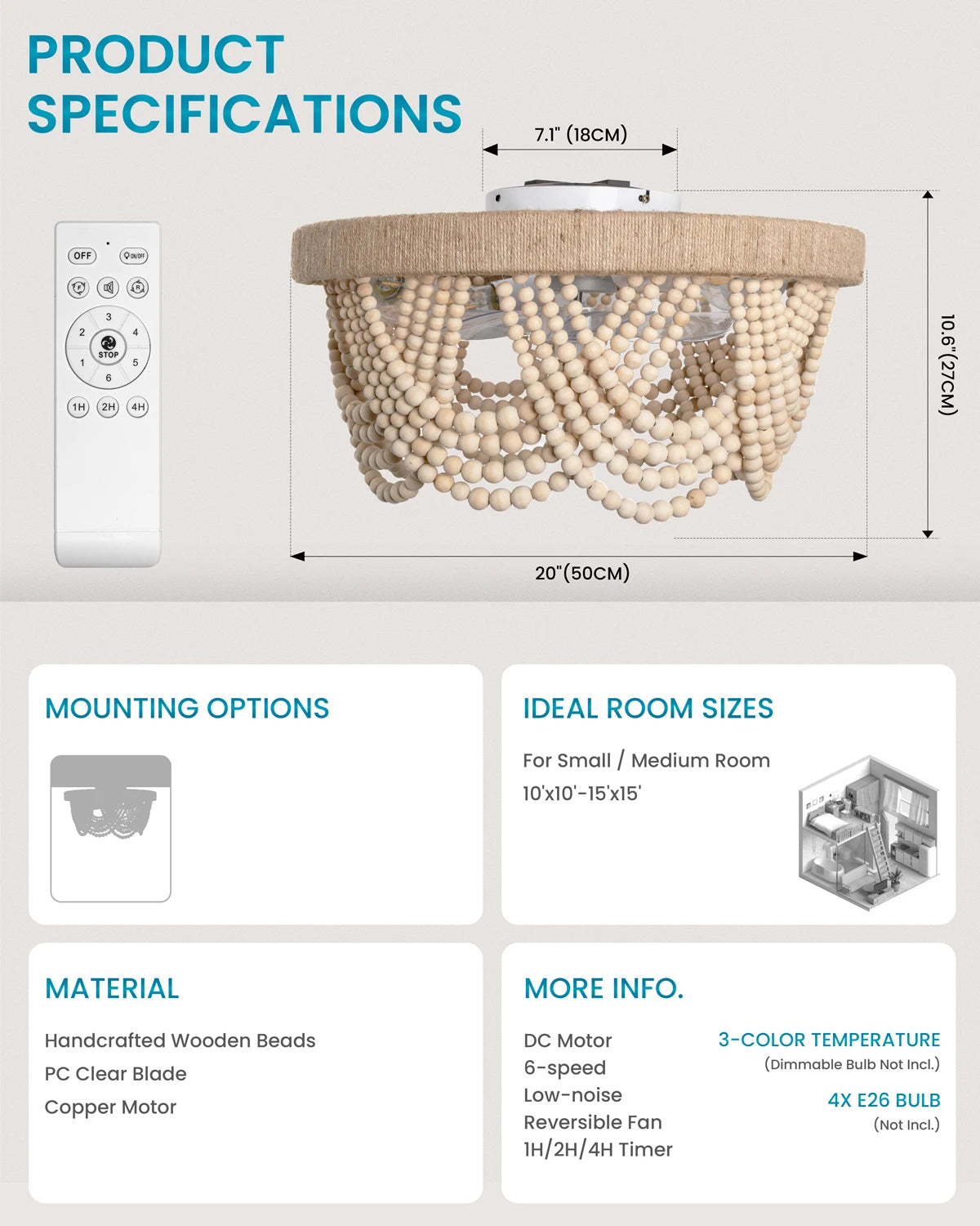 20" Boho Ceiling Fan with Light & Remote, 6-Speed/3 CCT/Bladeless/Quiet DC Motor/Low Profile, for Bedroom Living Room Hallway