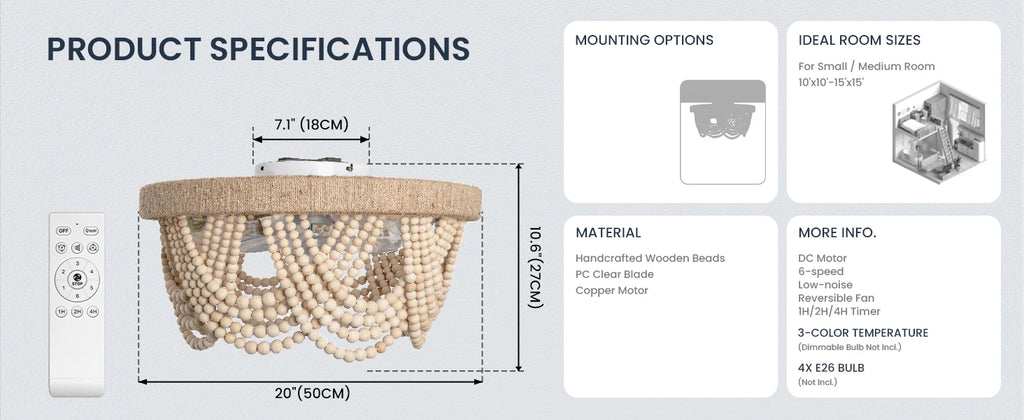 20" Boho Ceiling Fan with Light & Remote, 6-Speed/3 CCT/Bladeless/Quiet DC Motor/Low Profile, for Bedroom Living Room Hallway