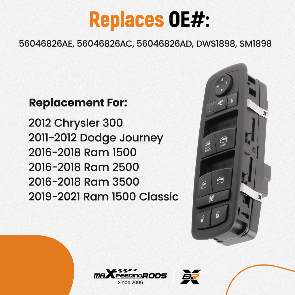 Front Left Power Window Control Switch Driver Side for 2016 2017 2018 Ram 1500 2500 3500 56046826AE