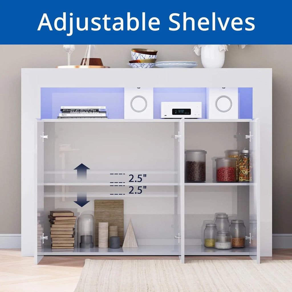 Modern White Buffet Cabinet with LED Lights, High Glossy Sideboard Storage Cabinet with 3 Doors and Adjustable Shelf