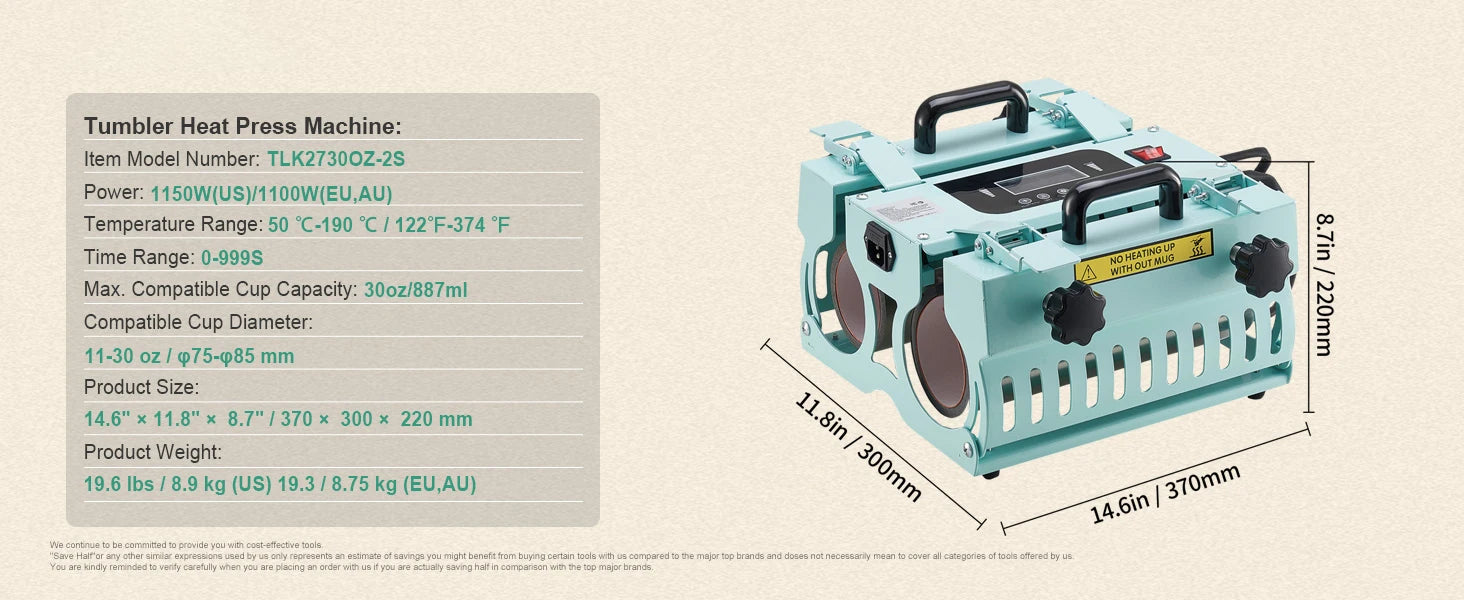 SucceBuy Tumbler Heat Press Machine 2 Station Heaters 11-30oz Mug Press Tumbler Press Sublimation Tumblers Cups and Mug 19.6lbs