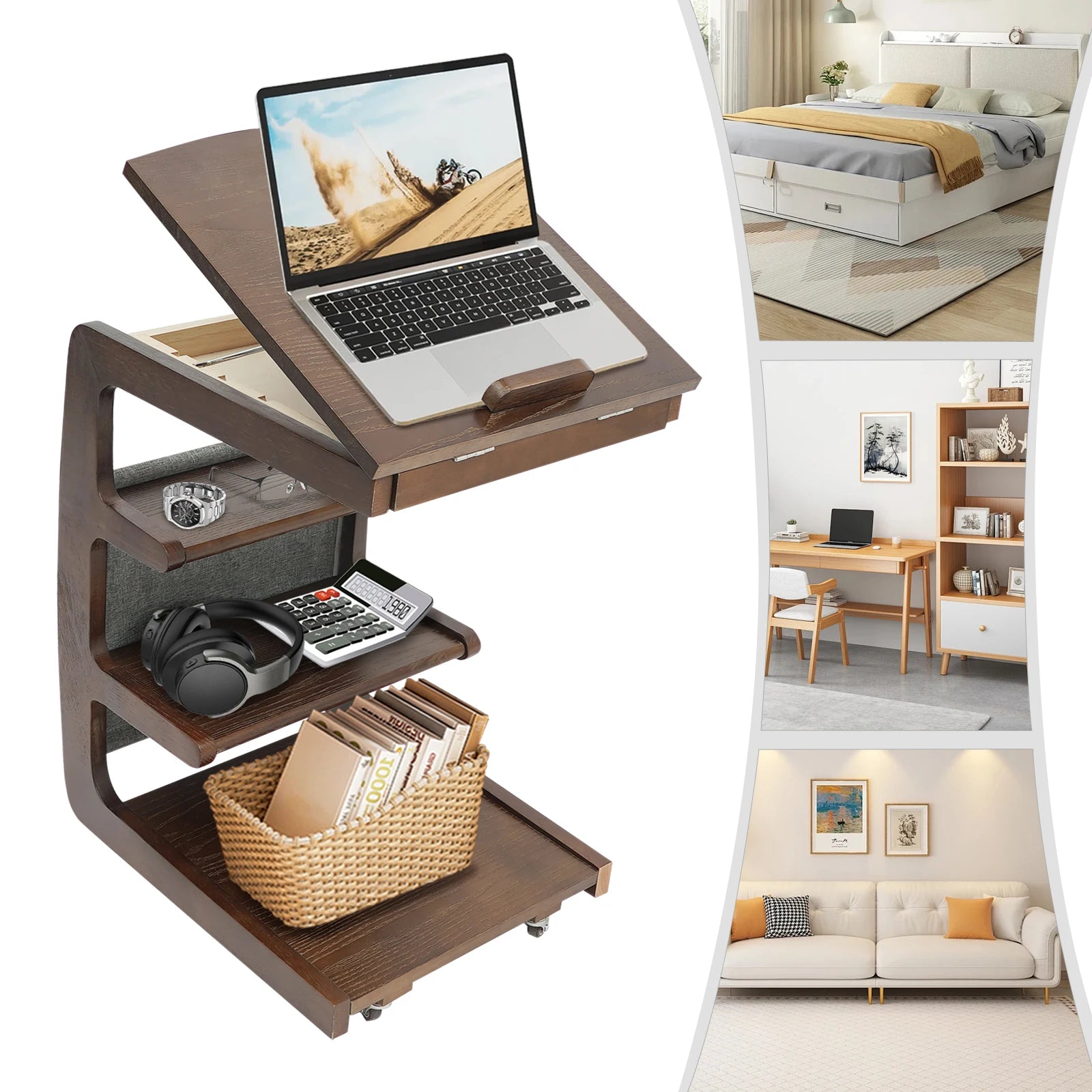 C-Shaped End Table with Wheels Wooden Couch Table Sofa Side Cabinet for Living Room Bedroom