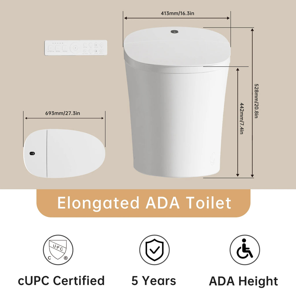 AQUATIZ Intelligent Toilet,Smart Toilet with Bidet, Built-in Tank, 0 Water Pressure Required, ADA Height, Model N115-1