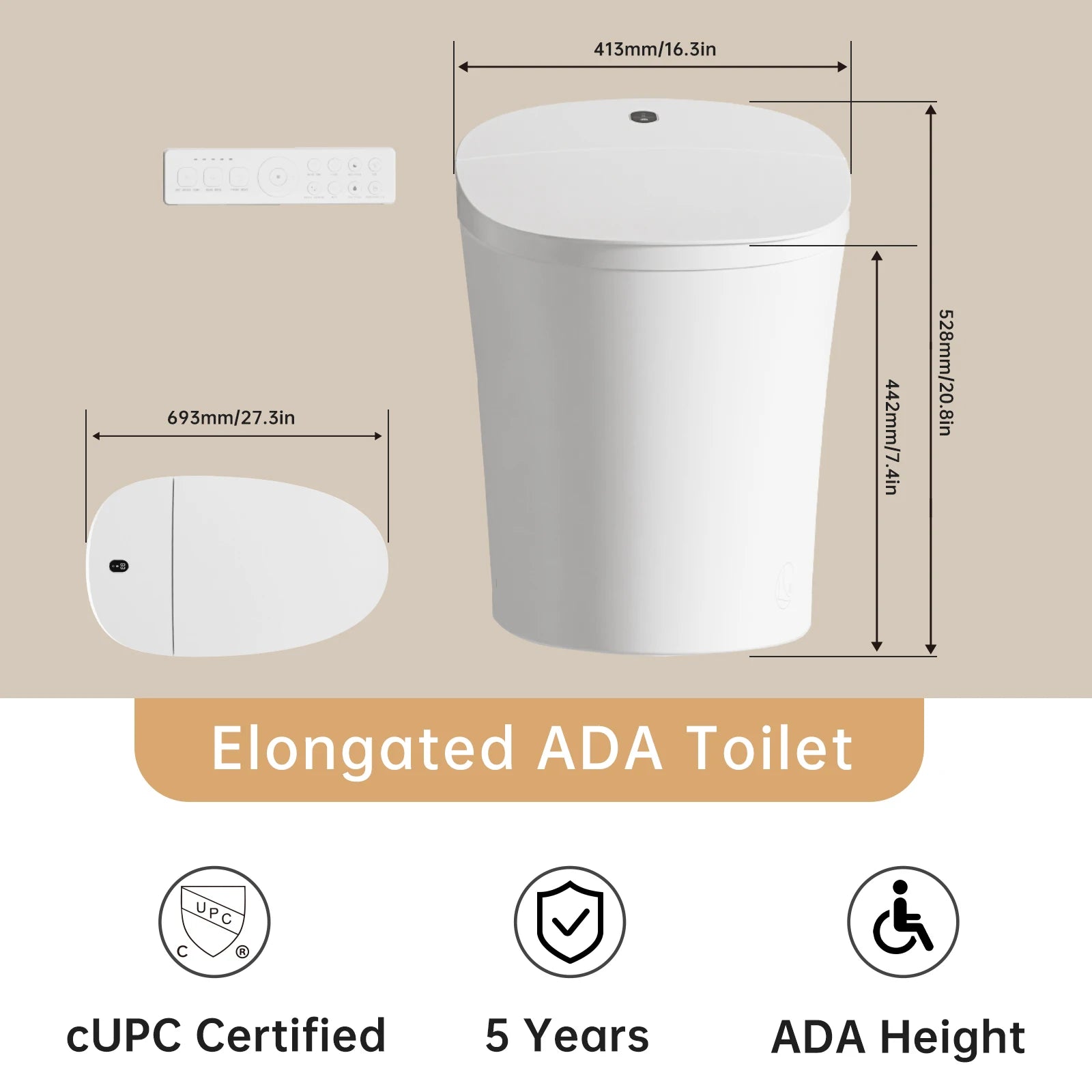 AQUATIZ Intelligent Toilet,Smart Toilet with Bidet, Built-in Tank, 0 Water Pressure Required, ADA Height, Model N115-1