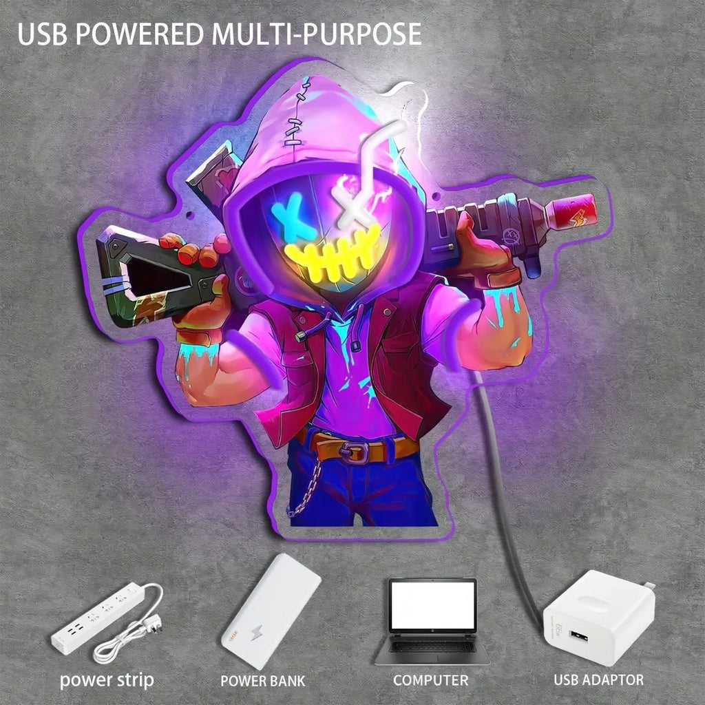 Player Neon - UV printed neon Archer LED mural, suitable for game room Studio bar bedroom decoration - USB-powered, gift