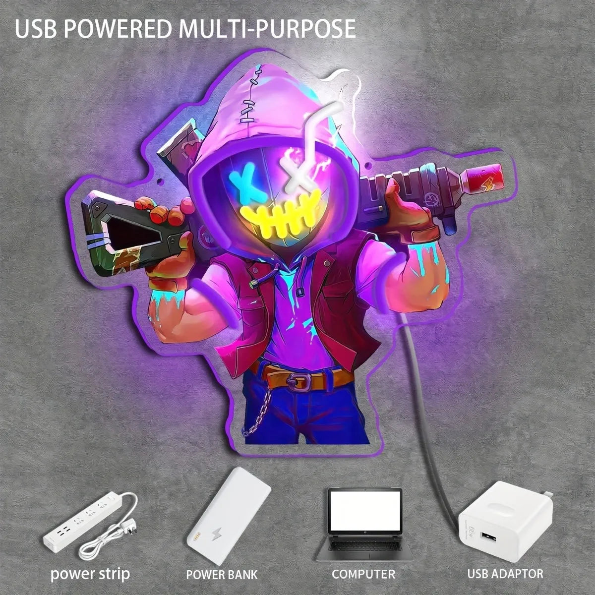 Player Neon - UV printed neon Archer LED mural, suitable for game room Studio bar bedroom decoration - USB-powered, gift