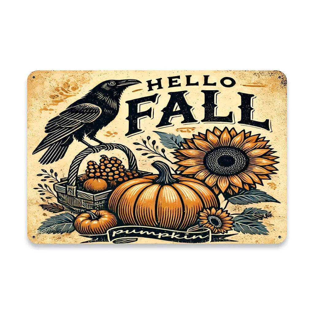 Autumn Harvest Iron Sign Wall Decor 8x12 Inches with Pumpkin Sunflower and Crow Motif Suitable for Home Cafe Garage Bar Patio